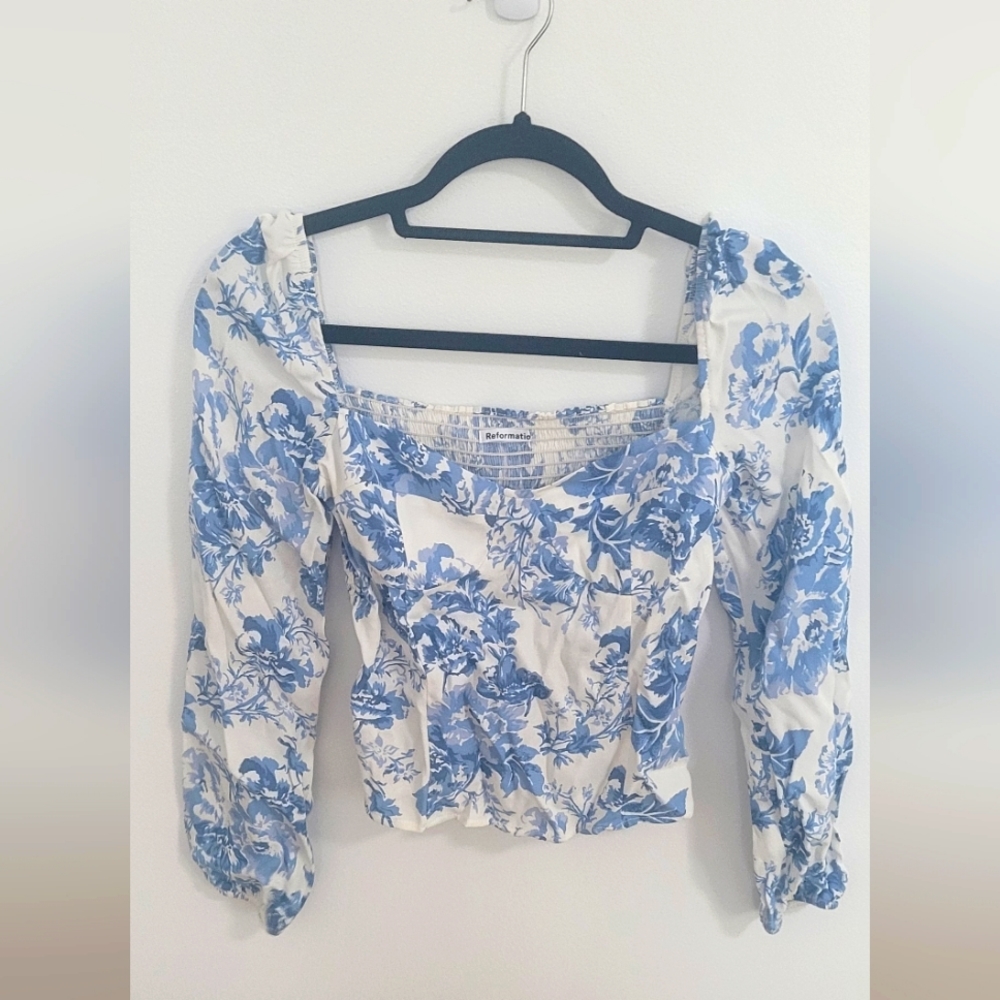 Reformation Blue Floral Peasant Blouse in women's size XS